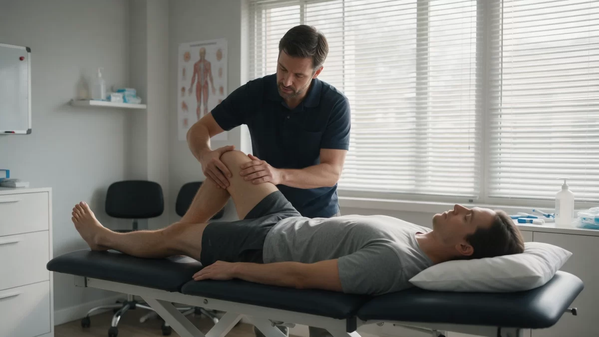 Physiotherapist performing musculoskeletal knee assessment and manual therapy on patient lying on treatment table in clinic.