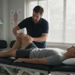 Physiotherapist performing musculoskeletal knee assessment and manual therapy on patient lying on treatment table in clinic.