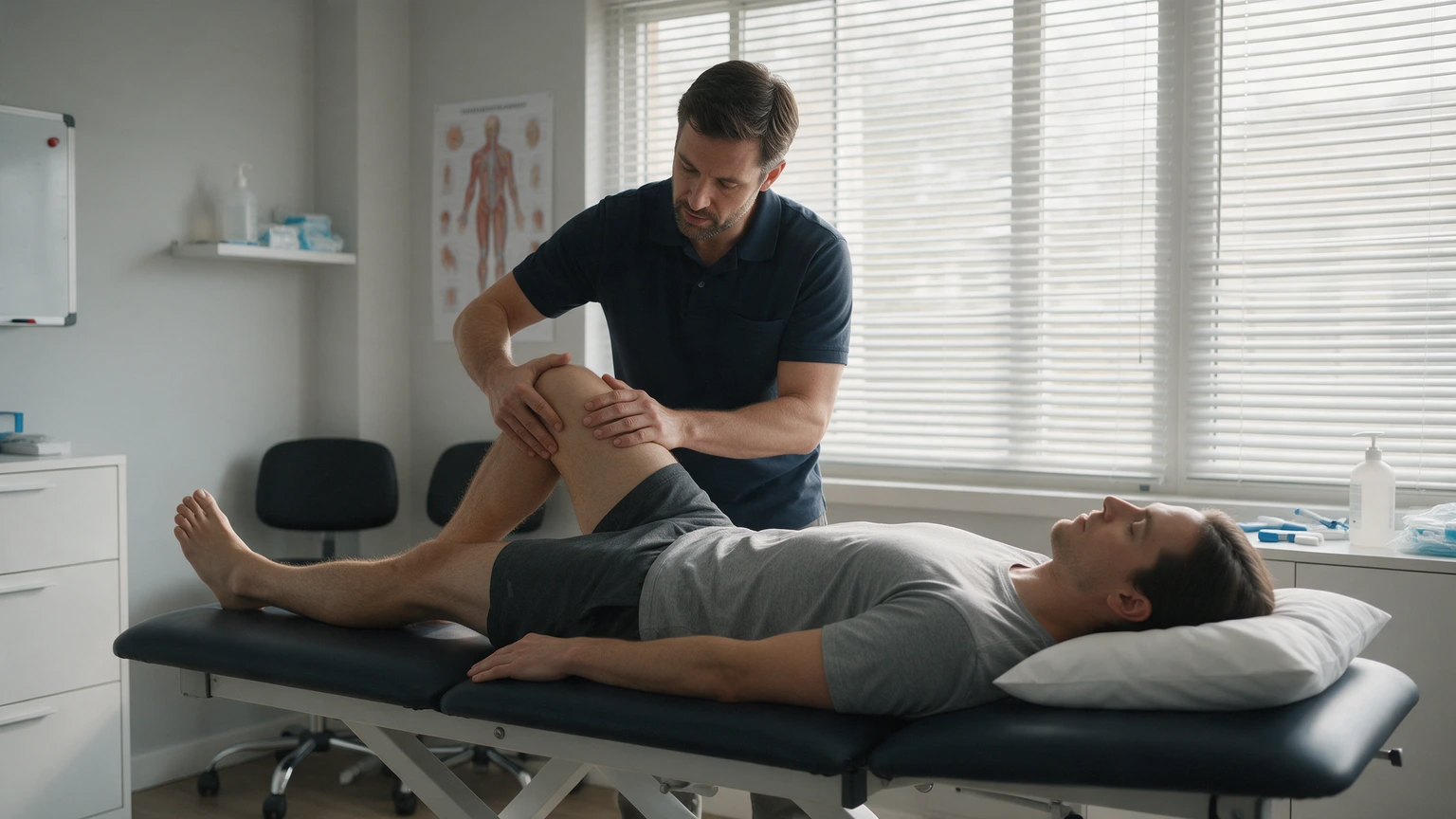 Physiotherapist performing musculoskeletal knee assessment and manual therapy on patient lying on treatment table in clinic.