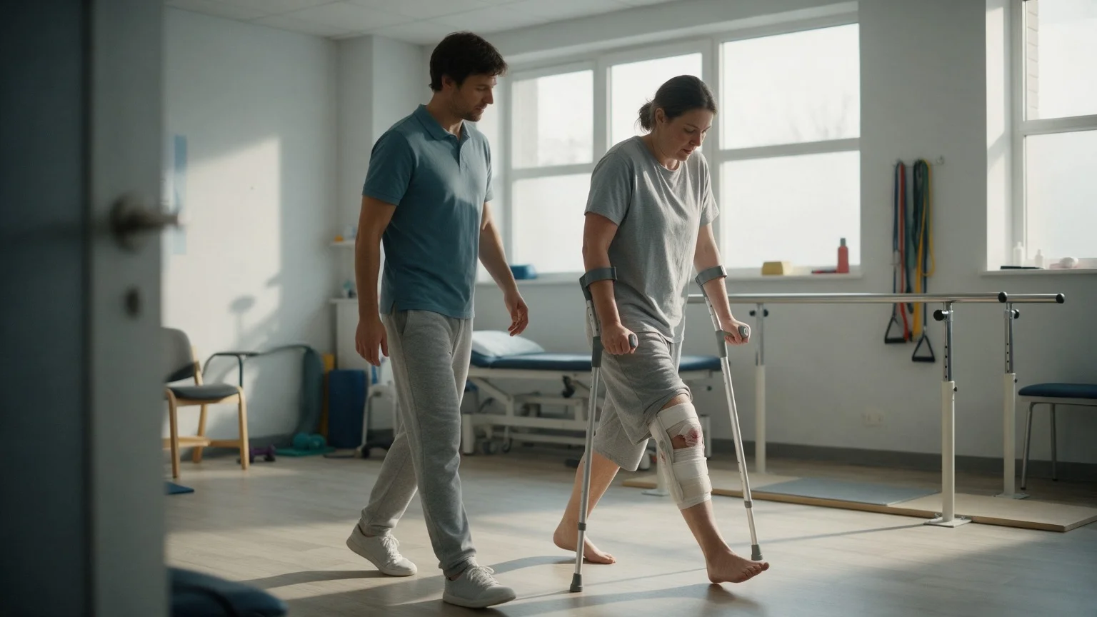 Patient using crutches during early post-operative rehabilitation after knee surgery