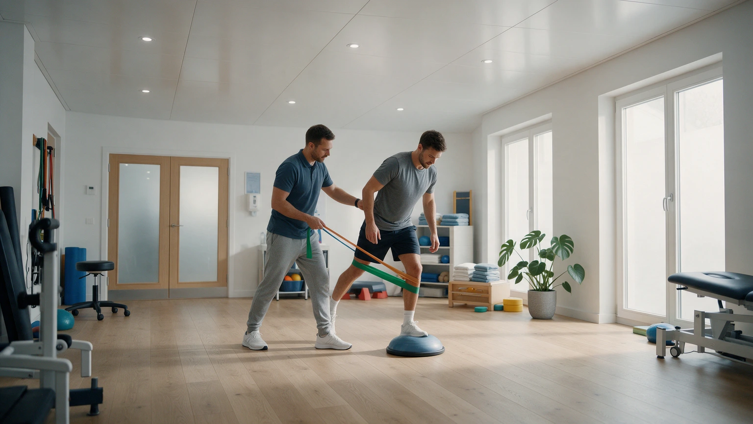 Sports physiotherapist guiding patient through resistance band balance exercise on a ball during rehabilitation session.