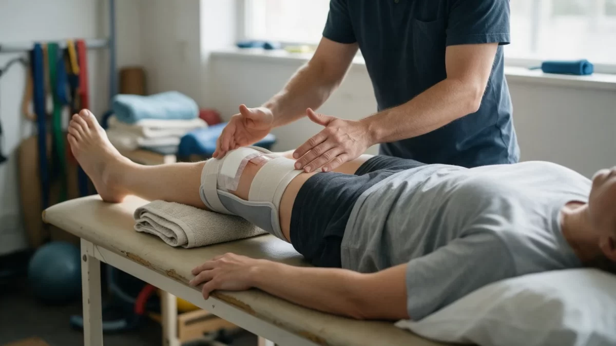 Physiotherapist guiding knee movement during early post-operative rehabilitation
