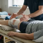 Physiotherapist guiding knee movement during early post-operative rehabilitation