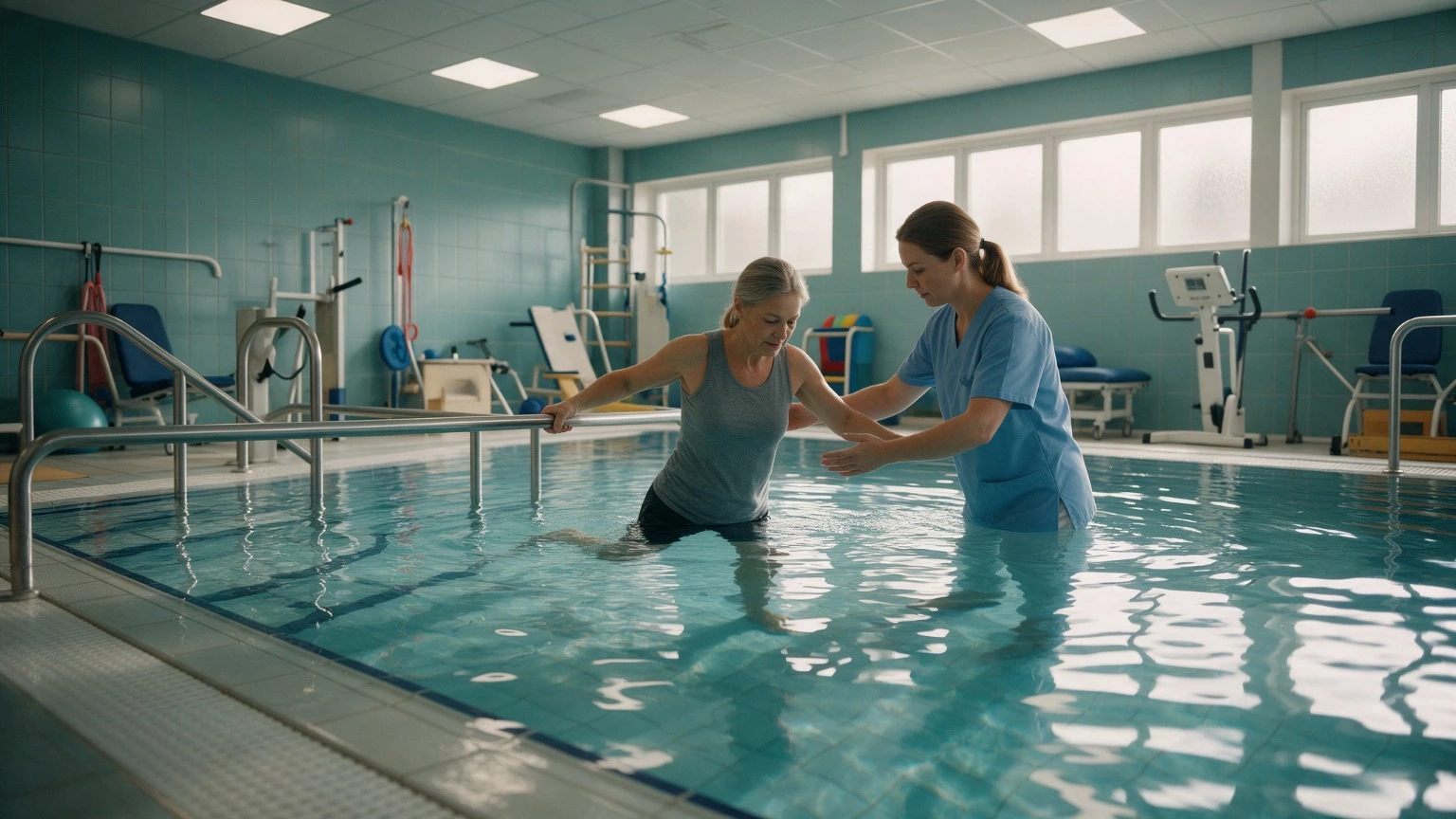 Therapist assisting a woman as she holds a pool handrail and steps through the water in a rehabilitation pool as part of her hydrotherapy treatment. The buoyancy of the water reduces strain while allowing controlled, low-impact movement. Regular sessions can improve flexibility, ease stiffness and support recovery.