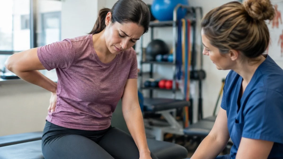Physiotherapist assessing a woman holding her lower back during a chronic pain management session.