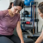 Physiotherapist assessing a woman holding her lower back during a chronic pain management session.
