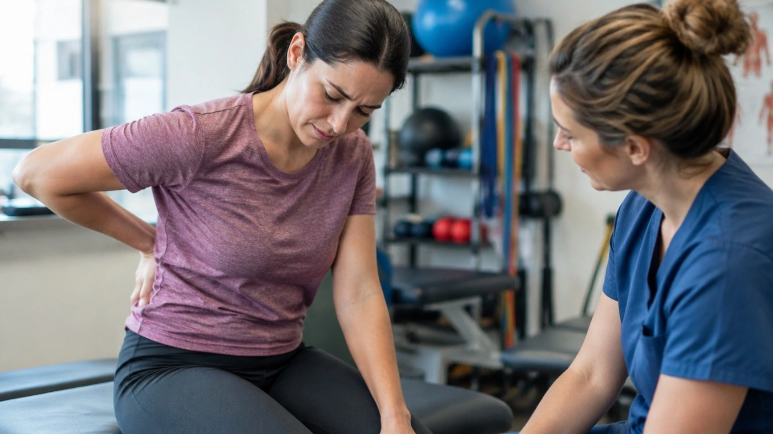 Physiotherapist assessing a woman holding her lower back during a chronic pain management session.