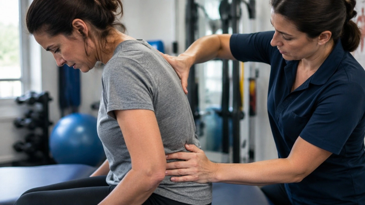 Physiotherapist examining a patient's back and spine as part of a pain management treatment.
