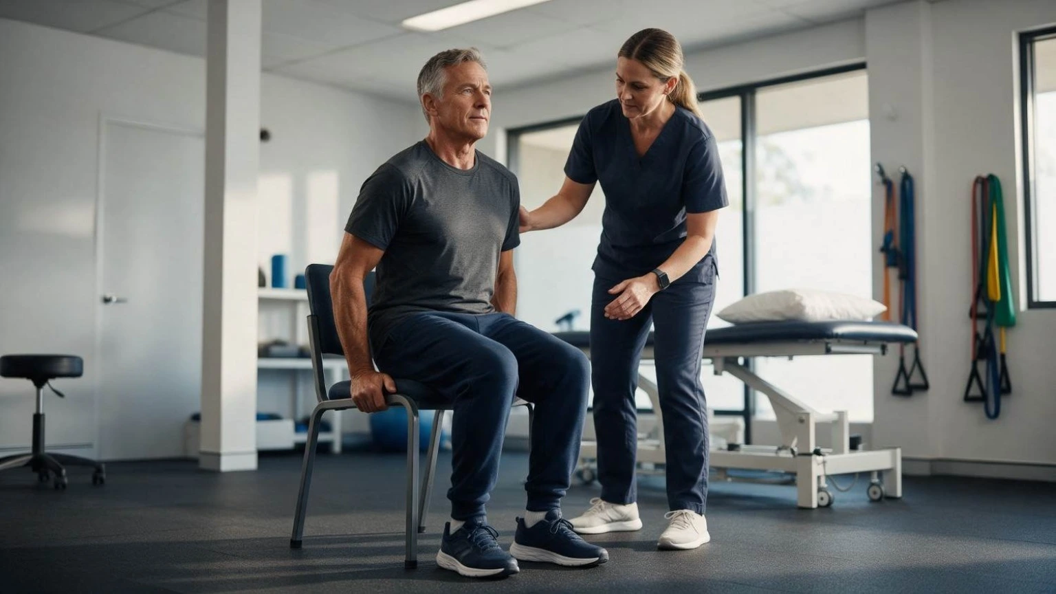 DVA physiotherapy Canberra: physiotherapist assessing a seated client’s posture and shoulder movement in a clinic