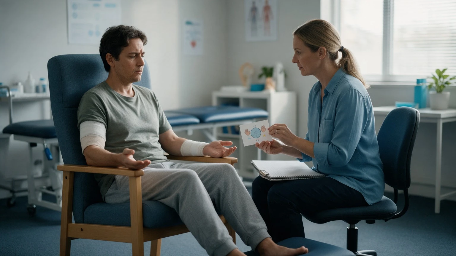 Injury counselling Canberra session where a psychologist explains how therapy helps a client with a bandaged arm after injury.