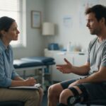 Psychologist in Canberra consultation with a client wearing a knee brace talking through his recovery in a clinic room.