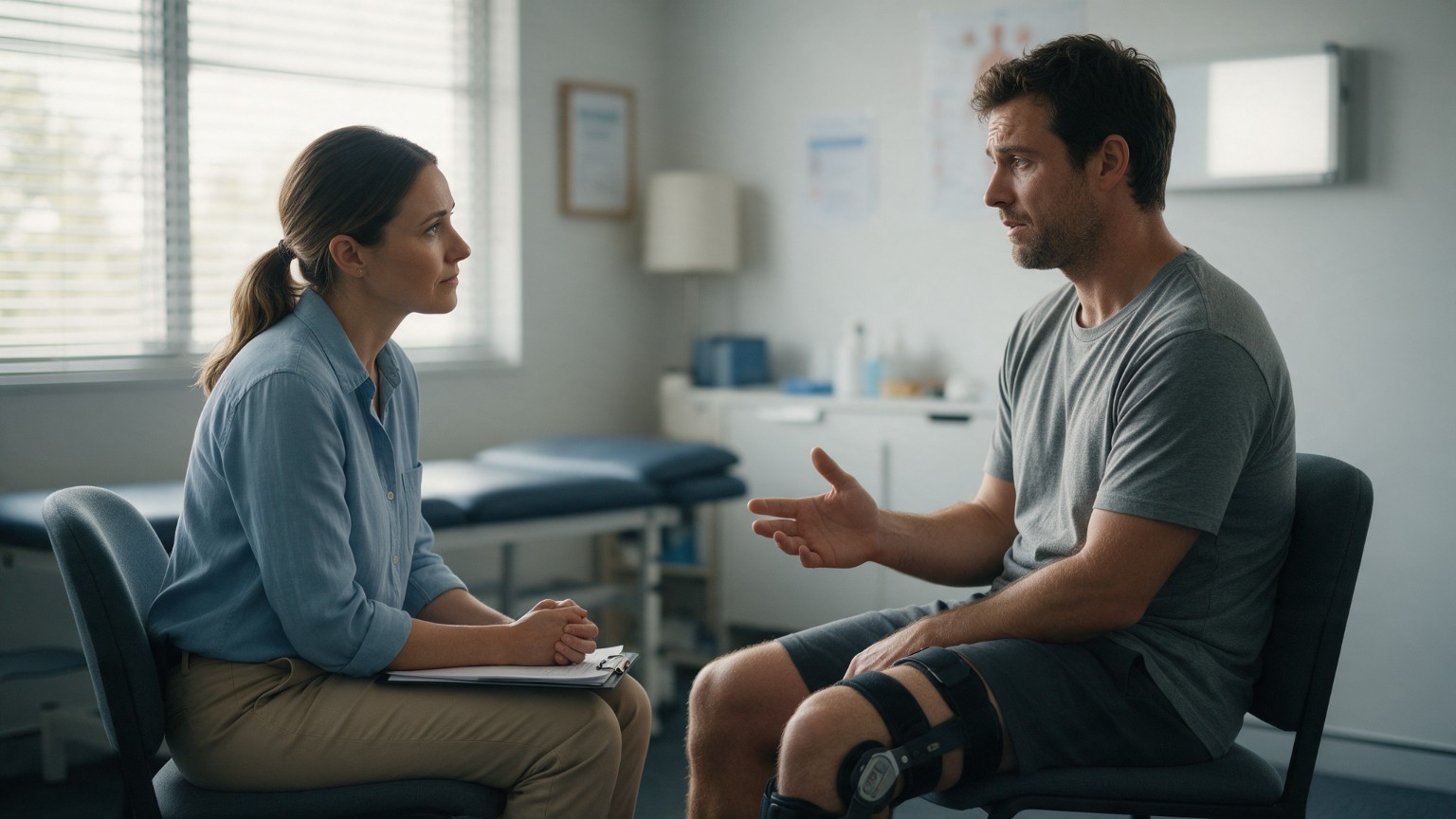 Psychologist in Canberra consultation with a client wearing a knee brace talking through his recovery in a clinic room.