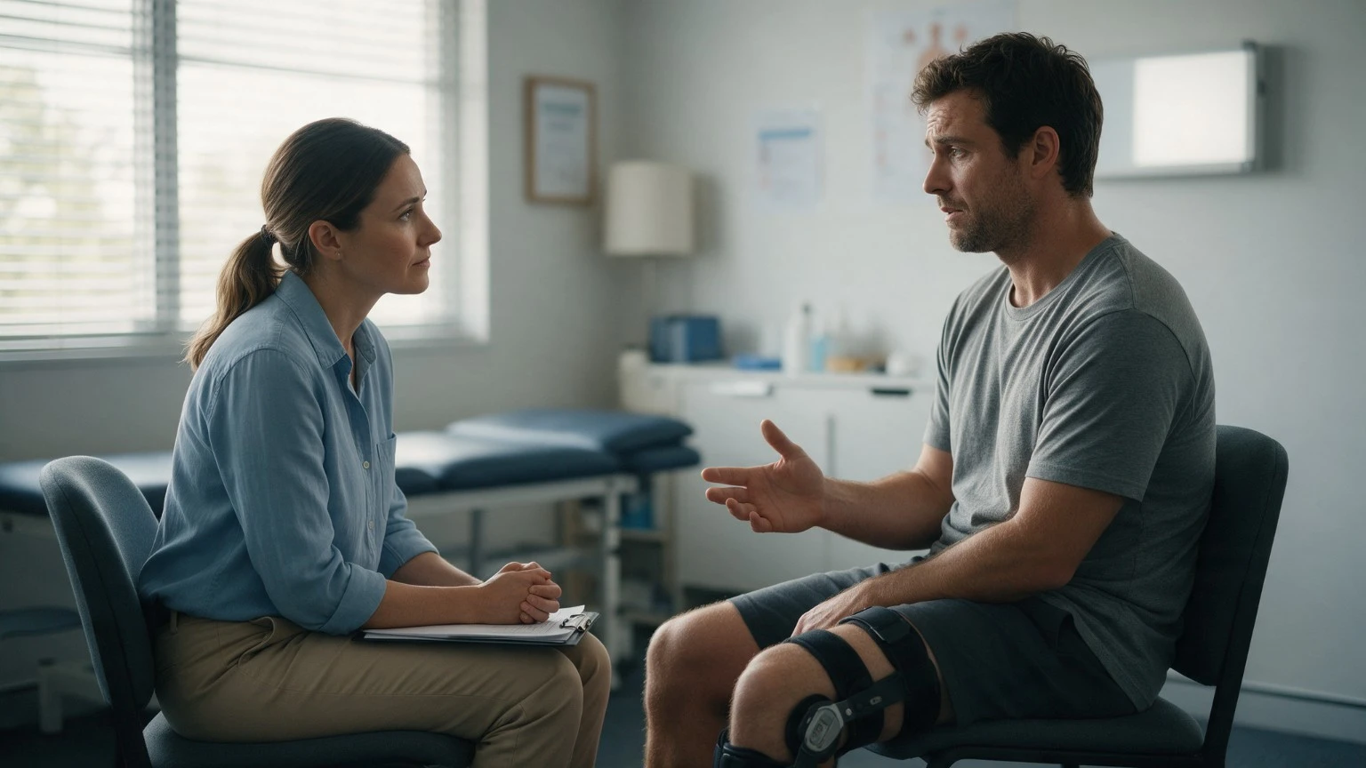 Psychologist Canberra consultation with a client wearing a knee brace discussing his injury recovery in a clinic room.